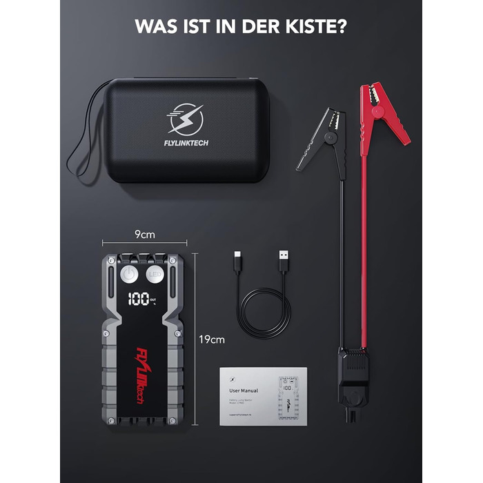 Powerbank Flylinktech CF900 для автозапуску з LCD-дисплеєм, 7000A, LED-ліхтарик, USB 3.0 (до 9.0L бензин/8.0L дизель)