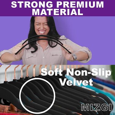 Плечики для одягу MIZGI з велюру (30 шт.), міцні, неслизькі, чорні, з гачками кольору міді/рожевого золота, економія місця