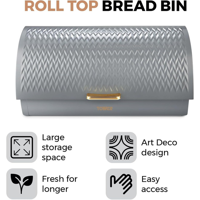 Хлібниця Tower Empire з роликовим кришкою, нержавіюча сталь, сірий колір, з латунними деталями