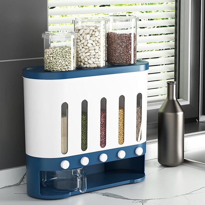 Traveler Dispenser with 5 Compartments, Wall-Mounted Cereal Dispenser, 9 kg, Thickened Container, Moisture-Resistant, Grain Container, Bucket, Rotating Food Dispenser, Household Kitchen, Candy Dispenser