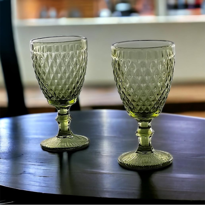 Vintage Set of 6 Colored Glasses and Tumblers with Diamond Pattern (Netz Green Wine Glass), Long Drink Glasses, Cocktail Glasses with Embossing, Glass, Tumbler, Wine Glass, Water Glass, Goblets