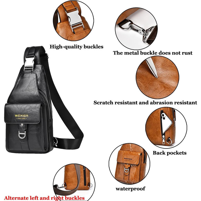 Чоловіча сумка-слінг з натуральної шкіри, водонепроникна, легка, для подорожей, велоспорту, кемпінгу (чорна)