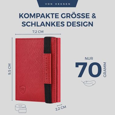 Шкіряний тонкий гаманець VON HEESEN з RFID захистом, компактний картхолдер для чоловіків та жінок, червоний (Saffiano), з міні-відсіком для монет