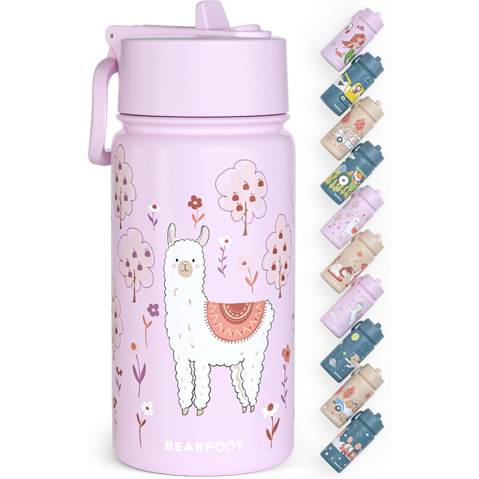 Дитяча термопляшка Bearfoot з нержавіючої сталі з трубочкою 400 мл - BPA free, без витоку, для дівчаток та хлопчиків, для школи та садочка (Лідія - Лама)