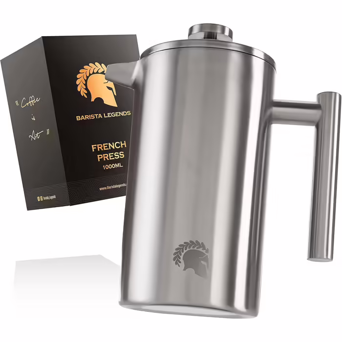 Barista Legends French Press Stainless Steel Coffee Maker 1 Liter - Double-Walled Thermal Coffee Press for Consistently Fresh Filter Coffee - Also Suitable as a Coffee Maker for Coffee While Camping! Matte Silver 1000ml