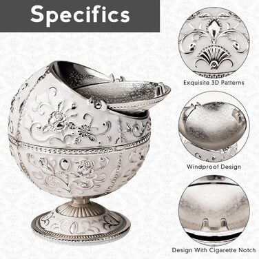 Kepfire Vintage Metal Ashtray with Lid, Globe Style, European Hotel Living Room Office Artwork, Windproof Ashtray, Creative Decor - Silver Rim, Rose Design