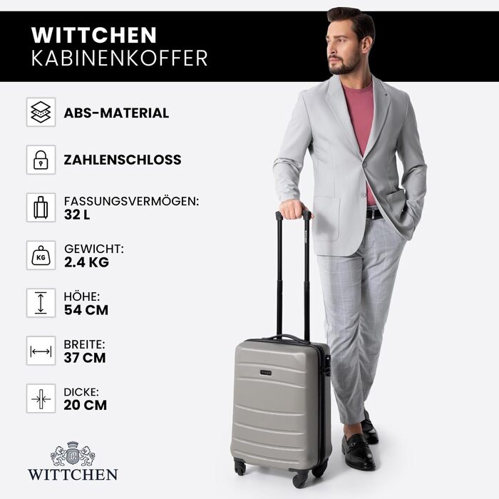 Валіза на колесах WITTCHEN Globe Line S, ручна/кабінна, ABS, 4 колеса, кодовий замок, телескопічна ручка, колір шампань (Lufthansa/Eurowings/Ryanair/Condor/Discover Airlines)