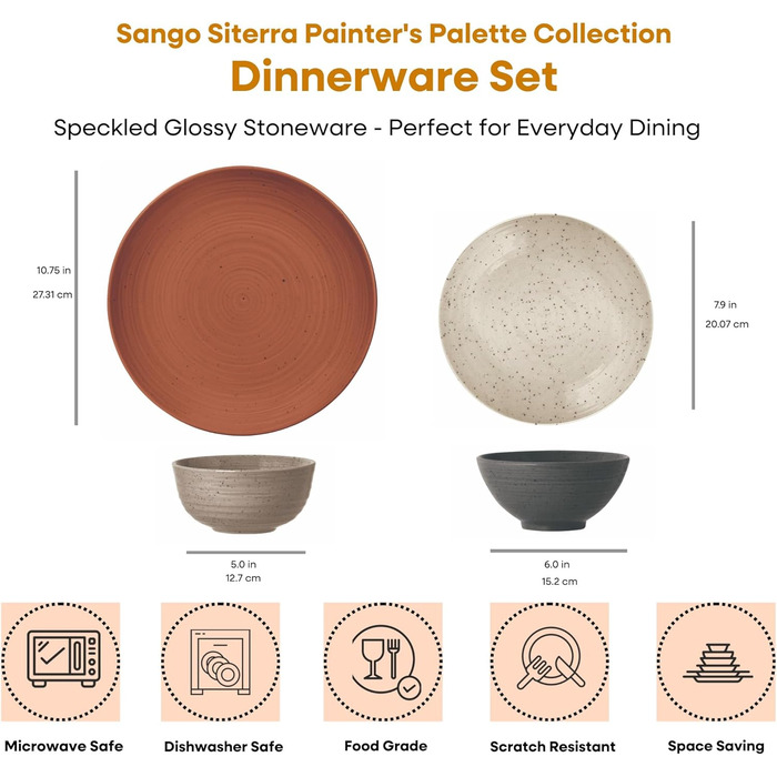 Набір посуду Sango Siterra (16 предметів) з кераміки: тарілки та миски, багатокольоровий