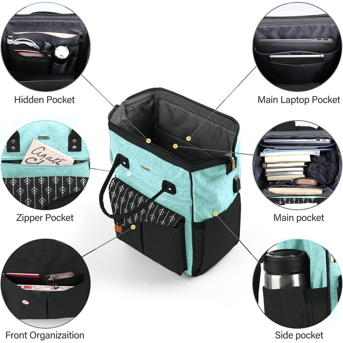 Жіночий рюкзак для ноутбука 15.6 дюймів, шкільний/робочий рюкзак з USB-портом, для подорожей, кемпінгу, навчання, зелений
