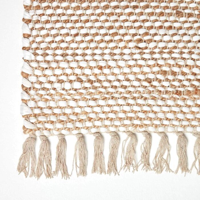 Homescapes Horizon Rug, handwoven from 100% hemp, 160 x 230cm, patchwork rug with herringbone pattern and fringe, cream natural 160 x 230 cm