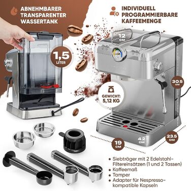 Кавоварка еспресо ProfiCook PC ES 1267, 20 бар, для меленої кави та капсул Nespresso, з італійською помпою, напівавтоматична, портфільтр