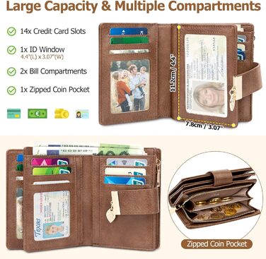 WACCET Wallet for Women Small, Ladies Purse RFID Blocking PU Leather Large Capacity Wallet with 14 Card Slots and Zipper Coin Pocket Small Wallet for Women