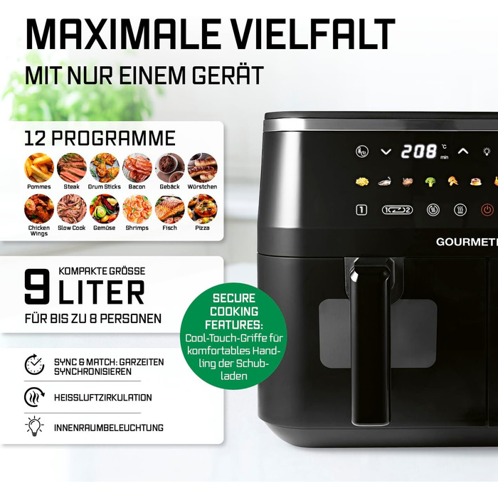 Фритюрниця готує без олії GOURMETmaxx 9л (2x4,5л) з цифровим дисплеєм, таймером та захистом від перегріву, чорна