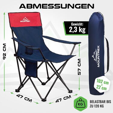 Крісло для кемпінгу MOUNTREX, складане, до 120 кг, з регульованими підлокітниками, для риболовлі, пляжного відпочинку, компактне, легке, з підстаканником та сумкою (блакитне)