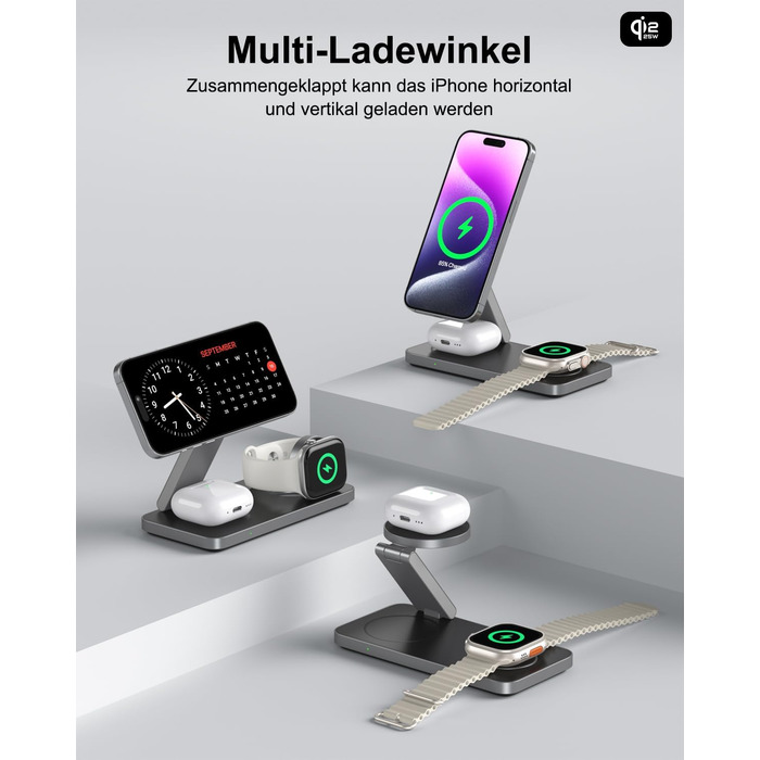 Бездротовий зарядний пристрій 25W MagSafe 3-в-1 для iPhone 17e/17/16/15/14/13/12/Air, Apple Watch та AirPods Pro - чорний