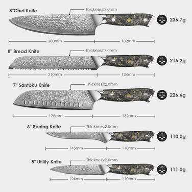 Набір кухонних ножів KyushuBlade Damast (5 шт.) з унікальною ручкою з карбону та золота, 67 шарів дамаської сталі
