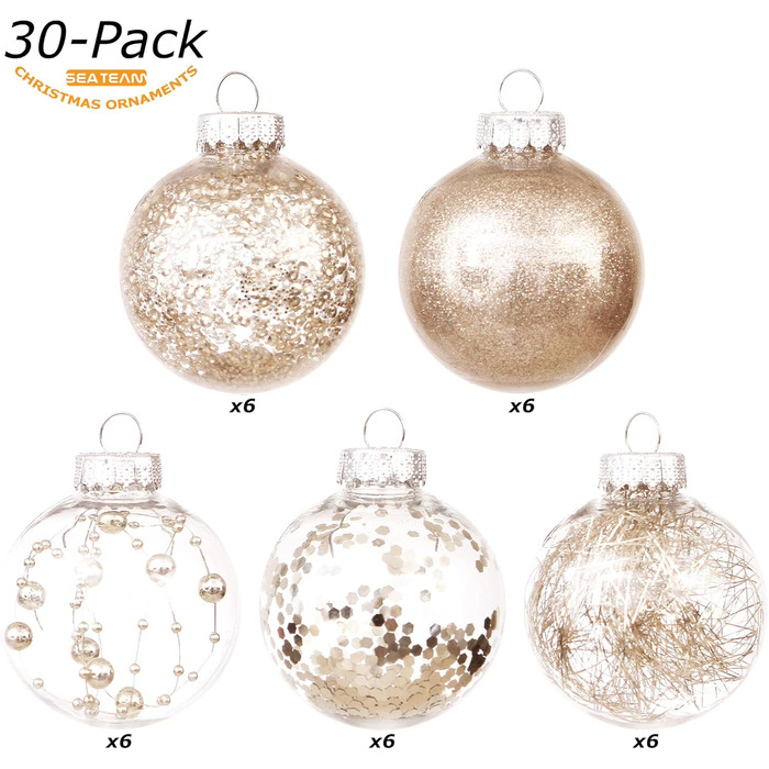 Набір прикрас на ялинку Sea Team 60 мм, 30 шт. з зображенням ялинки та блискітками, колір шампань