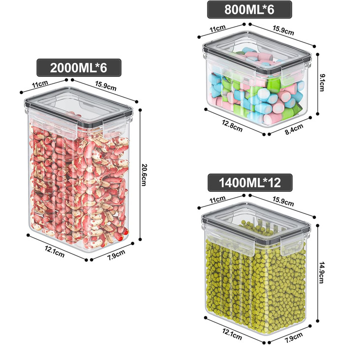 Набір контейнерів для зберігання продуктів 24 шт. – герметичні бокси з кришкою, органайзер для кухні для борошна, цукру, мюслі та ін., з етикетками та маркером, для кухні та холодильника, 33,6л