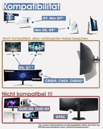 Адаптер VESA 3IDEE для моніторів Samsung Odyssey G9, Neo G9, G8, Neo G8 — Кронштейн для вигнутого монітора 49 дюймів, навантаження до 30 кг, VESA 100x100, білий