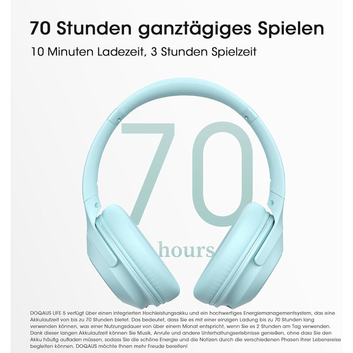 Бездротові навушники DOQAUS Bluetooth з тривалим часом роботи (70 годин), Over-Ear, Bluetooth 5.4, з кабелем, 3 режими EQ, HiFi стерео для подорожей/телефону/ПК (блакитні)