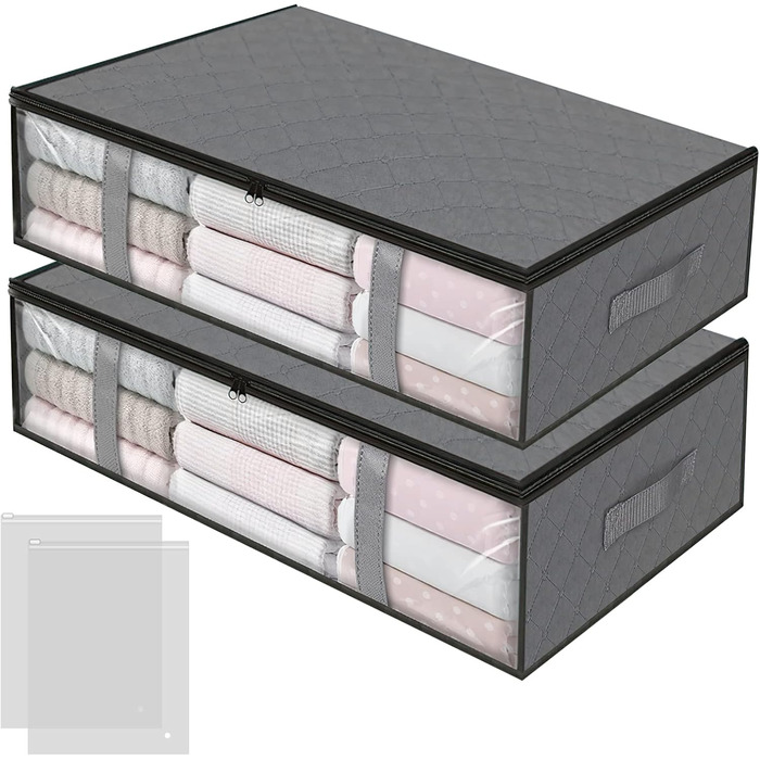 Комод під ліжко, 2 шт. Коробки для зберігання під ліжко з кишеньками для одягу, прозорі, ящик для ліжка з вікном, органайзер для ковдр, подушок, одягу, постільної білизни (сірий)
