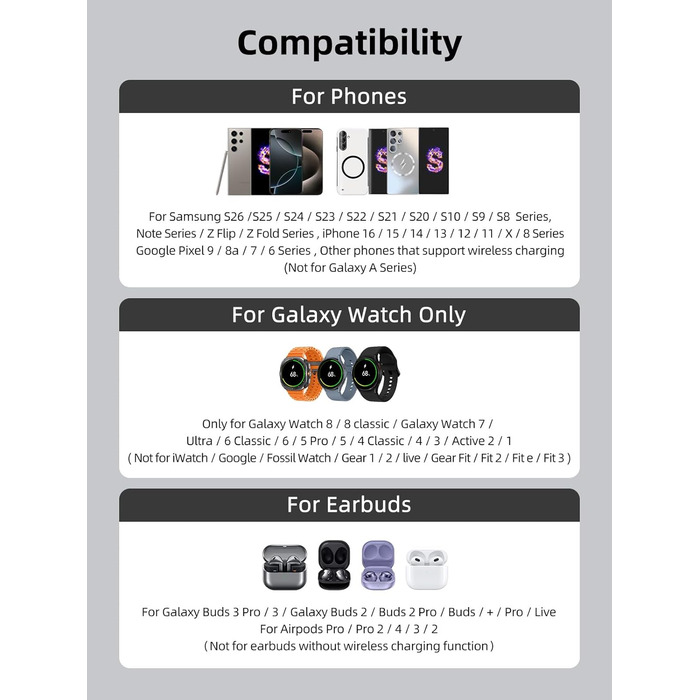 Магнітна бездротова зарядка Samsung з активним охолодженням 3-в-1 для Galaxy S26 Ultra, Watch 8 та Buds 4. Складана Qi зарядка для Android сірого кольору