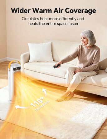 Електричний обігрівач PTC керамічний 1500W з пультом керування, 4 режими, осциляція 110°, таймер 1-10 год, захист від перегріву та перекидання. Компактний обігрівач для дому (білий)