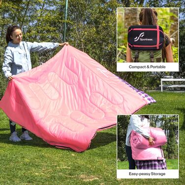 Сплячий мішок Outdoor Sportneer для 2 осіб: двомісний спальний мішок для відпочинку на природі, 3 сезони, 220x150 см, 2.75 кг з 2 подушками, дорослий ковдровий спальник для сім'ї (без фланелевої підкладки) (Рожевий)