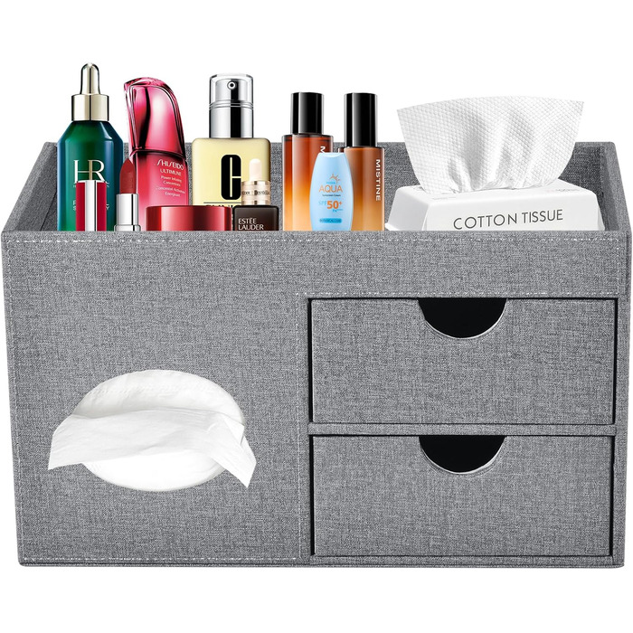 Tissue Box Linen with Drawers, Square Cosmetic Tissue Box with Magnetic Closure, Tissue Box with Side Pocket for Mobile Phones, Cosmetic Brushes, Remote Controls, Office Supplies, Perfumes (Gray)