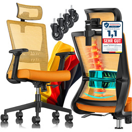 Офісне крісло KESSER® ергономічне з регульованими підлокітниками, підтримкою попереку та підголівником | Крісло для офісу з функцією гойдання до 125° та 5 колесами | Оранжево-чорний колір