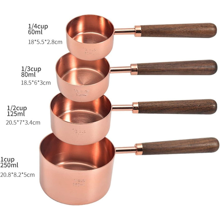 Measuring spoons, measuring spoons with walnut handle, copper-plated measuring spoons, measuring cup set, kitchen and baking utensils (Color: Gold, Size: Measuring cup, 4 pieces) (Color: Gold, Size: Measuring cup, 4 pieces)