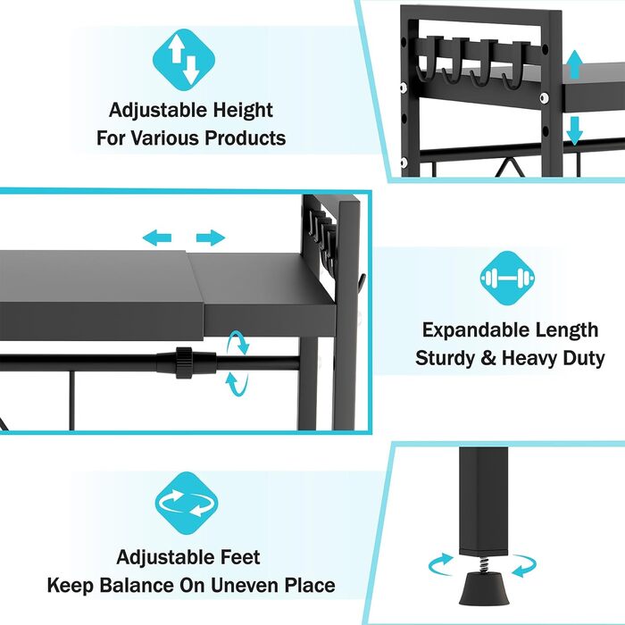 Регульована полиця для мікрохвильової печі, 2-рівнева, розширювана, металева, з 8 гачками, чорна