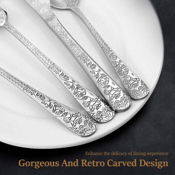 Набір столових приборів 24 предмети з нержавіючої сталі на 6 осіб з гравіюванням троянд. Ложки, виделки, ножі. Поліровані, для посудомийної машини. Сріблястий колір.