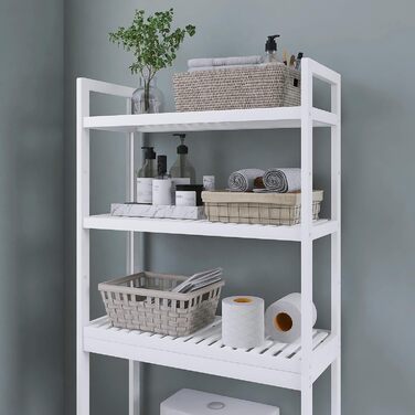 SMIBUY Toilet Shelf, Bamboo Toilet Rack, Adjustable Washing Machine Shelf, Bathroom Shelf with 3 Storage Shelves, Space-Saving, Easy to Assemble, White