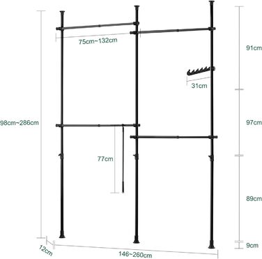 SoBuy KLS03-SCH Clothes Rack Coat Stand with 4 Clothes Rails Telescopic Wardrobe System Adjustable Shelf System black Bra approx. 124-226x200-285cm