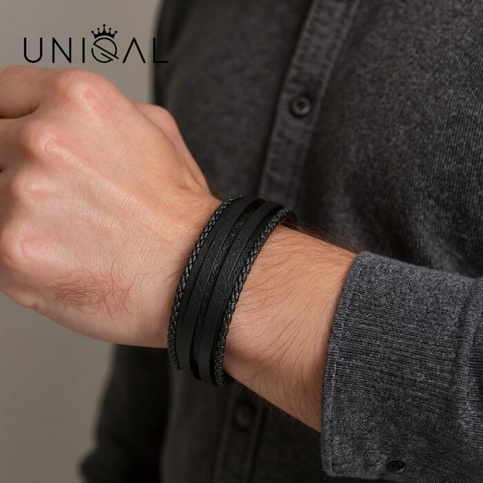 Чоловічий шкіряний браслет UNIQAL 'Premium Style' з нержавіючої сталі, чорний (BLACKY, 19 см)