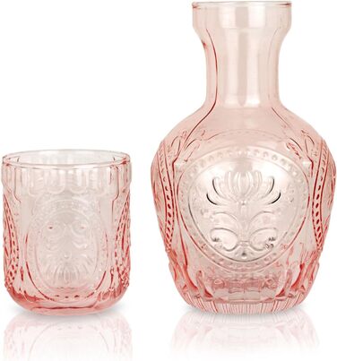 Vintage Glass Carafe with Lid & Matching Drinking Glass – 750 ml Capacity – Elegant Glass Jug for Water, Juice, or Wine – Stylish Home Decor for Kitchen or Dining Room (Pink)