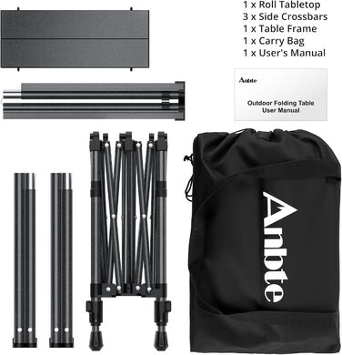 Складний алюмінієвий стіл для кемпінгу Anbte 67x58 см, регульована висота (44/70 см), вантажопідйомність до 150 кг, з сумкою для зберігання
