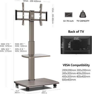 FITUEYES Rolling TV Stand with Wood Shelf - Adjustable Height & Swivel - Fits 32-70 inch TVs up to 40kg, VESA 400x600 - White (Khaki)