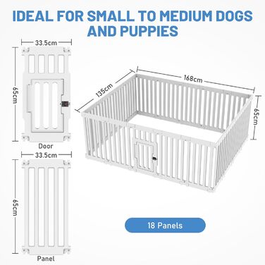 Клітка для цуценят Indoor 65 см, пластикове огородження для собак з неслизькими присосками, вольєр для маленьких собак, 18 панелей, 18 шт (168 x 135 x 65 см), з окремими секціями