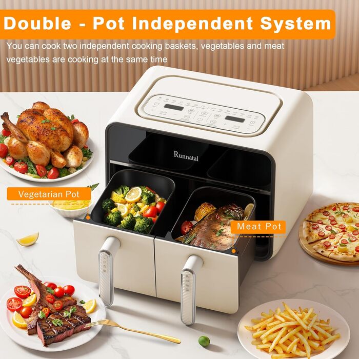 Runnatal Dual Zone Hot Air Fryer with Viewing Window, 8L Airfryer, 2100W, 2 Compartments, 14-in-1 Double Chamber Hot Air Fryer with Vegetarian and Meat Pots, 2 Chamber Airfryer, Non-Stick Coating