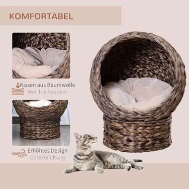 PawHut Rattan Cat Basket Cat Cave Cat House Cat Bed with Cushion Pet Bed Water Hyacinth 42 x 33 x 52 cm (50L x 42W x 60H cm, Coffee)