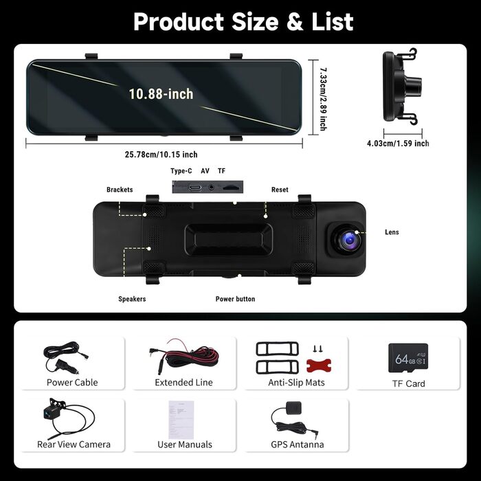 Дзеркало заднього виду з відеореєстратором Hodozzy 4K+1080P, GPS, ADAS, BSD, Wi-Fi, 10.88