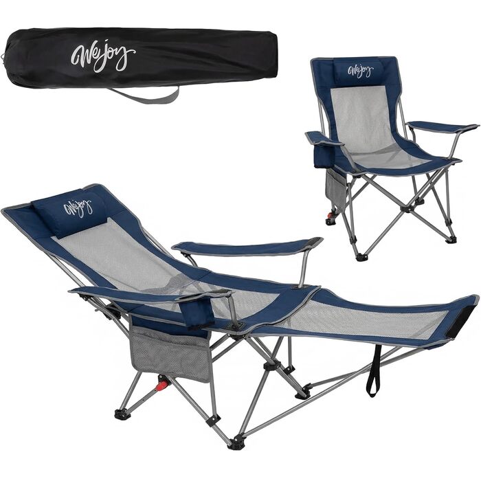 Кемпінговий стілець-шезлонг Wejoy 2-в-1, розкладний, з регульованою спинкою та підставкою для ніг, підсклянником, для відпочинку на пляжі, риболовлі, кемпінгу (Navy/Grey)