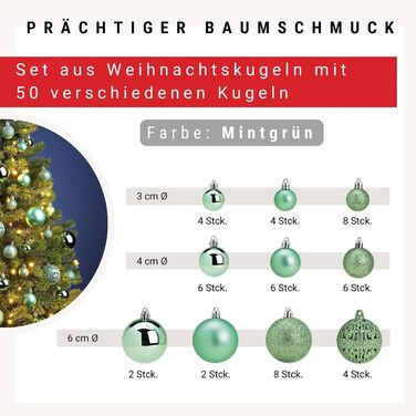 Набір прикрас для ялинки WOMA: 50 штучок, різні кольори (м'ятно-зелений)