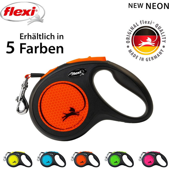 Еластичний повідок Flexi Neon M, 5 м, чорний/неоновий помаранчевий, світловідбиваюча поверхня, для собак до 25 кг