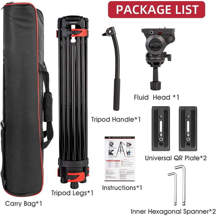 Штатив важкий 183 см, Lusweimi Професійний штатив для відеокамери з алюмінію, 2 швидкісні пластини, 360° Fluid-головка, середній розширювач, Макс. навантаження 7.7 кг