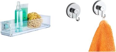 WENKO Vacuum-Loc® Bathroom Wall Shelf Quadro Maxi, no drilling required, with 2 tiers, 38.5 x 8.5 x 14.5 cm & Vacuum-Loc® Wall Hooks, set of 2, towel hooks, each 6 x 6.7 x 5 cm
