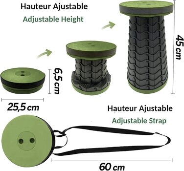 Стілець-телескоп складний Fishtec, регульована висота 6-44,5 см, ABS-пластик, вантажопідйомність 130 кг, портативний 1,28 кг, Ø25,5 см, з плечовим ременем, для кемпінгу, риболовлі, пікніка, чорно-зелений