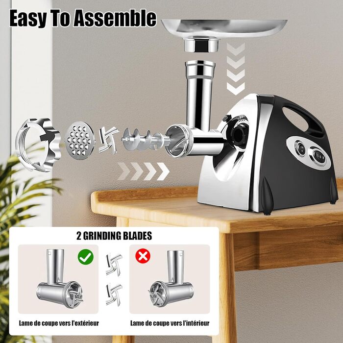Electric Meat Grinder 2800W 3-in-1 Stainless Steel Meat Grinder with 3 Plates (3mm, 5mm, 7mm), Kubbe Attachment & Sausage Stuffer, 80kg/hr - Black